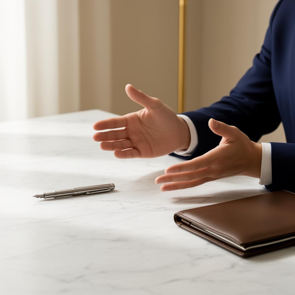 Advisor discussing strategy at a marble desk